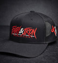 Black Snap Back Trucker hat with Black Mesh/ Red Letters