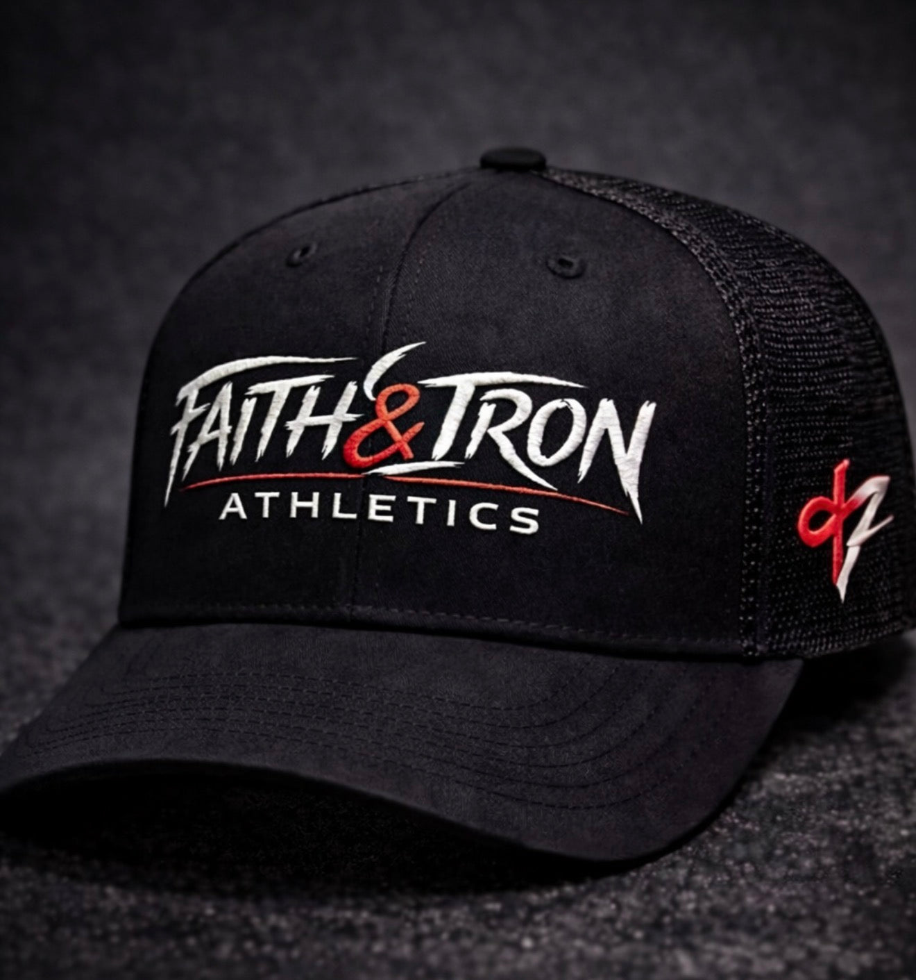 Black Snap Back Trucker hat Black Mesh with White Letters